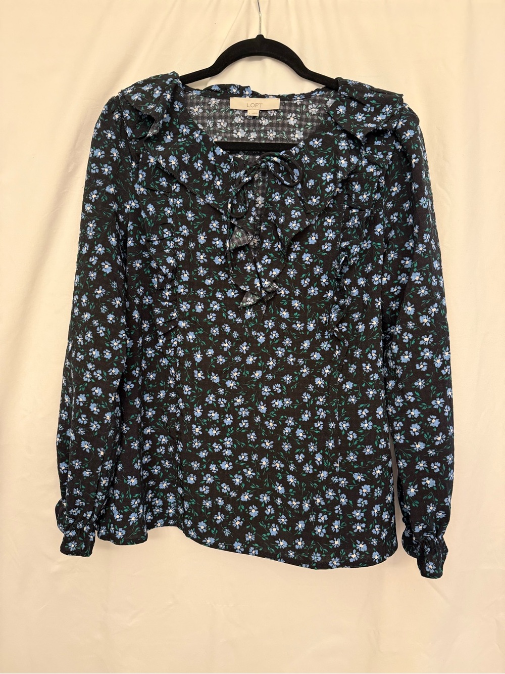 LOFT Black Floral Ruffle Tie-Neck Long Sleeve Top - Blue